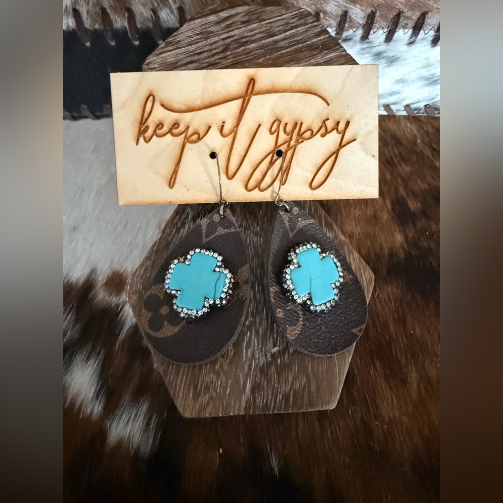 Keep It Gypsy Pauve' Cowhide Genuine Design Patch Tear Drop Leather Earrings